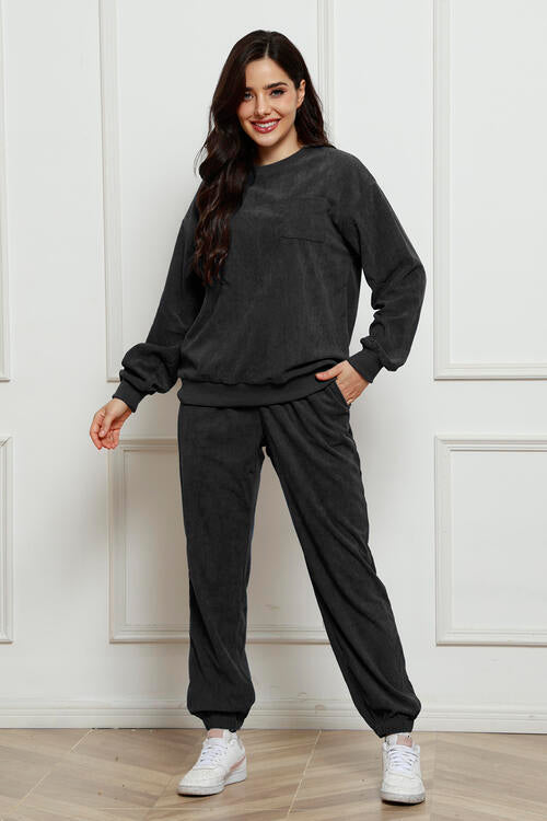 Round Neck Sweatshirt and Sweatpants Set Charcoal Jumpsuits & Rompers JT's Designer Fashion