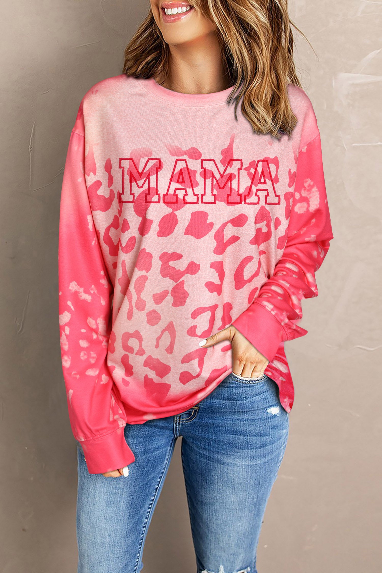 Pink MAMA Leopard Print Crew Neck Pullover Sweatshirt Graphic Sweatshirts JT's Designer Fashion