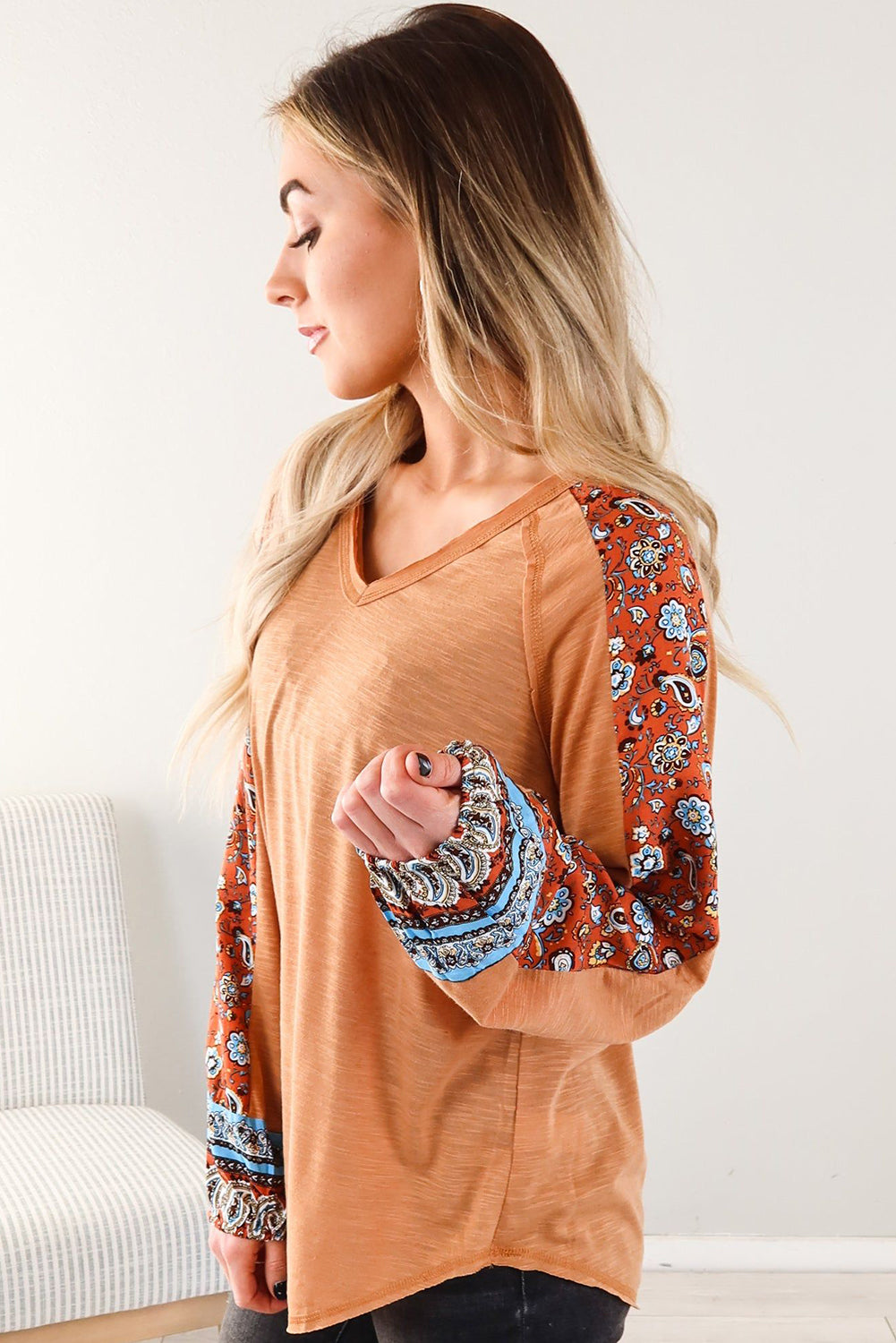 Grapefruit Orange Tribal Floral Patchwork Bubble Sleeve Knit Top Tops & Tees JT's Designer Fashion