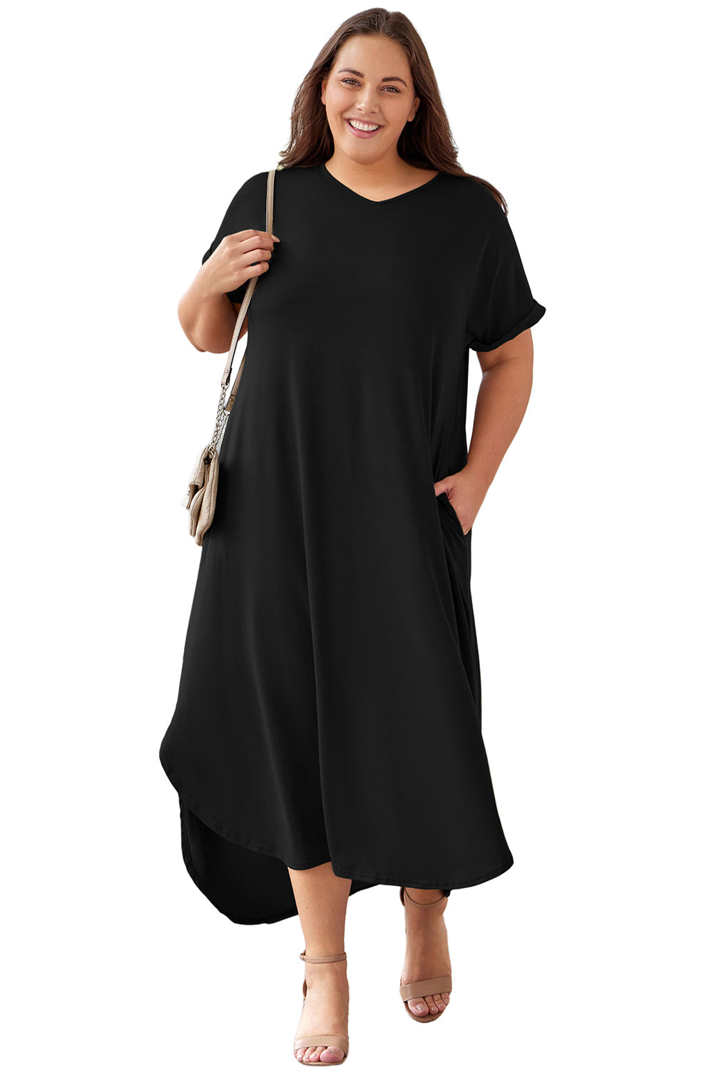 Black Plus Size V Neck Rolled Cuffs Maxi Dress Plus Size Dresses JT's Designer Fashion