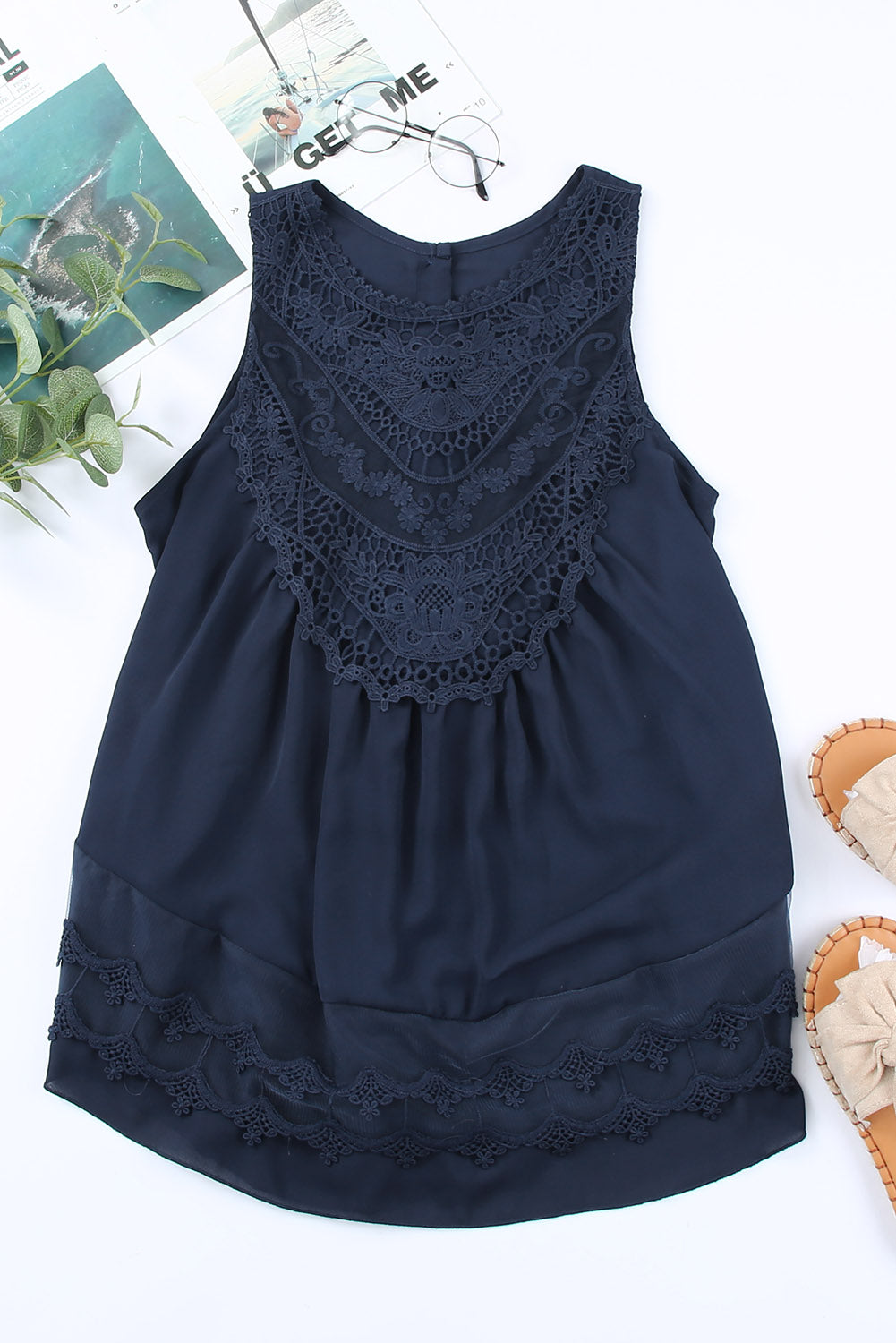Navy Blue Lace Detail Buttons Back Sleeveless Top Tank Tops JT's Designer Fashion