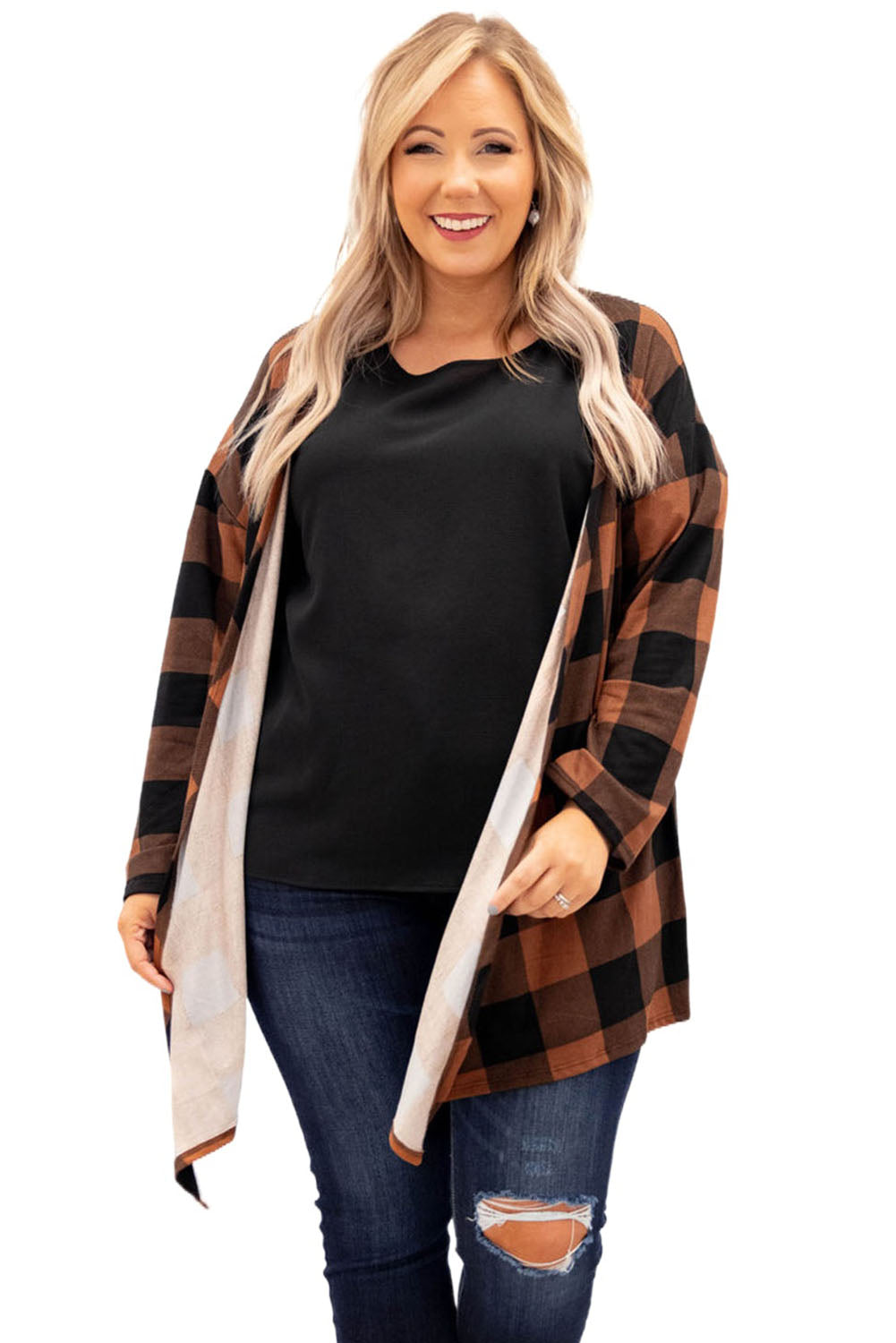 Brown Plus Size Plaid Pattern Open Front Cardigan Plus Size JT's Designer Fashion