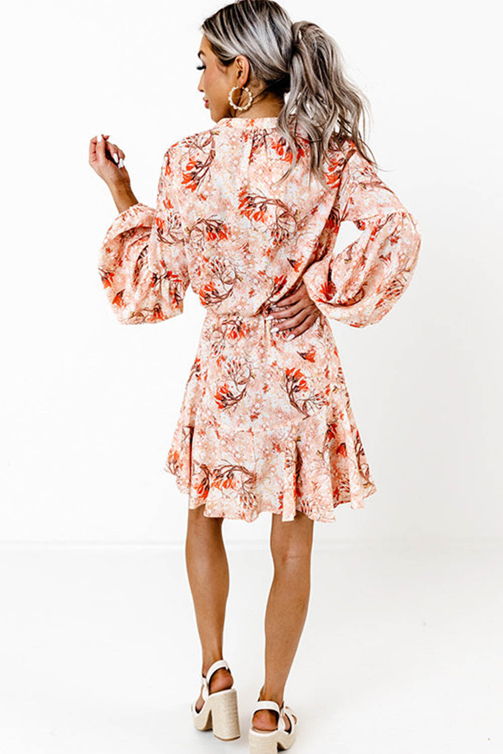 Orange Bubble Sleeve Cinched Waist Floral Dress Dresses JT's Designer Fashion