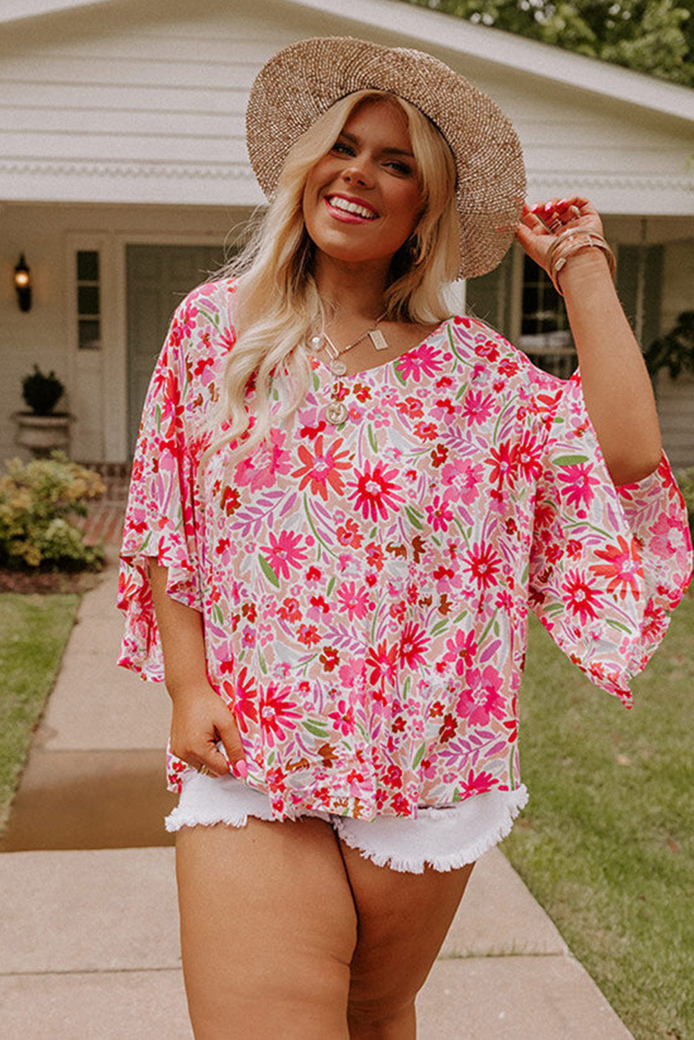 Pink Save Me A Seat Floral Shift Top Curves Plus Size JT's Designer Fashion