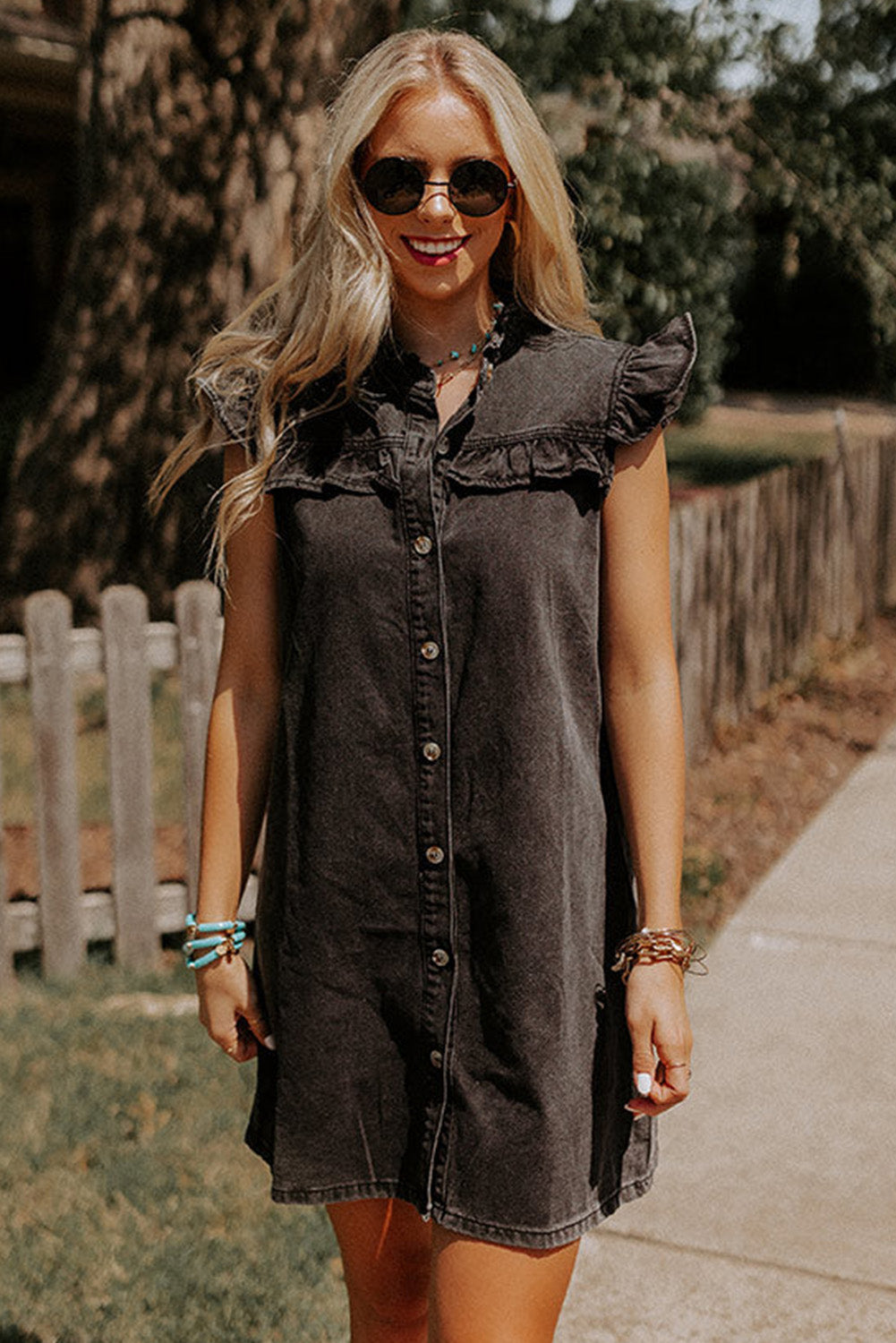 Black Ruffled Cap Sleeves Button Up Denim Dress Mini Dresses JT's Designer Fashion