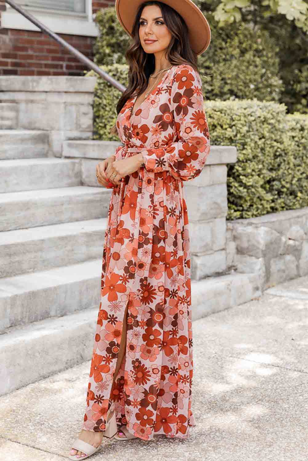 Orange Floral V-Neck Long Sleeve Belted Maxi Dress Dresses JT's Designer Fashion