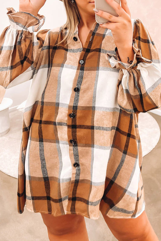 Khaki Plaid Flounce Sleeve Plus Size Shirt Dress Plus Size JT's Designer Fashion