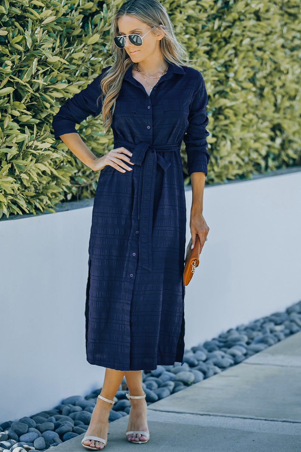 Blue Crinkle Textured Long Sleeve Shirt Dress with Belt T Shirt Dresses JT's Designer Fashion