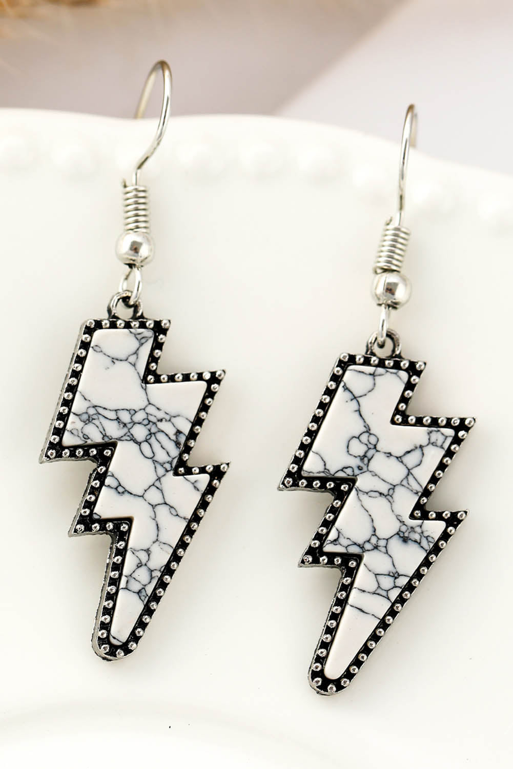 White Marble Texture Retro Lightning Bolt Earrings Jewelry JT's Designer Fashion