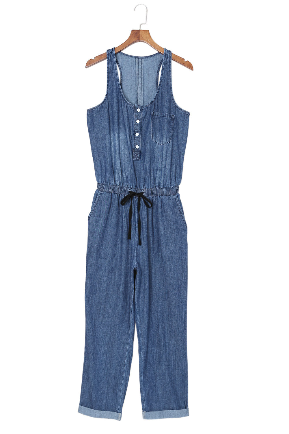 Blue High Waist Buttons Sleeveless Denim Romper Jumpsuits & Rompers JT's Designer Fashion