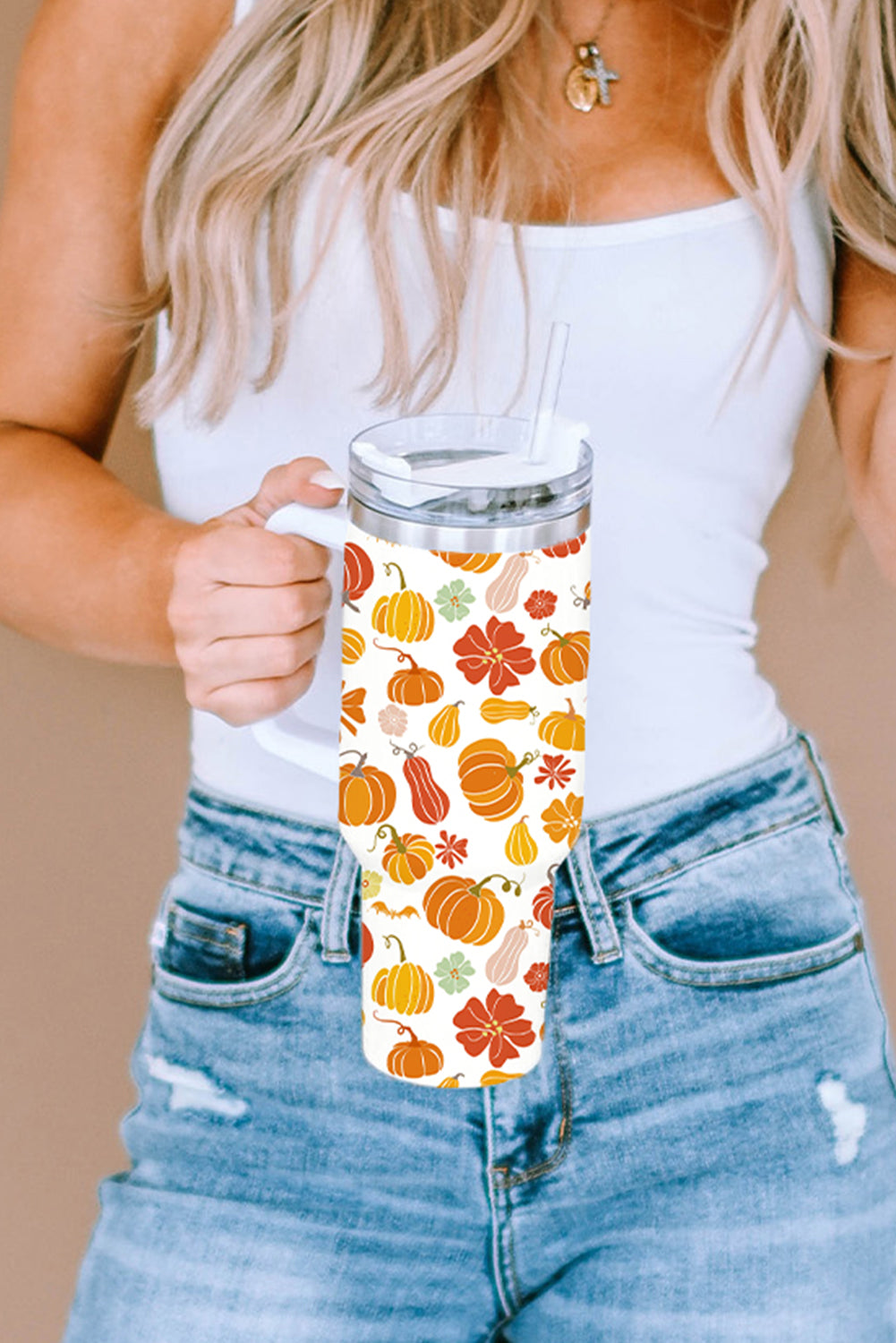 White Pumpkin Print 304 Stainless Steel Double Insulated Cup 40oz Tumblers JT's Designer Fashion