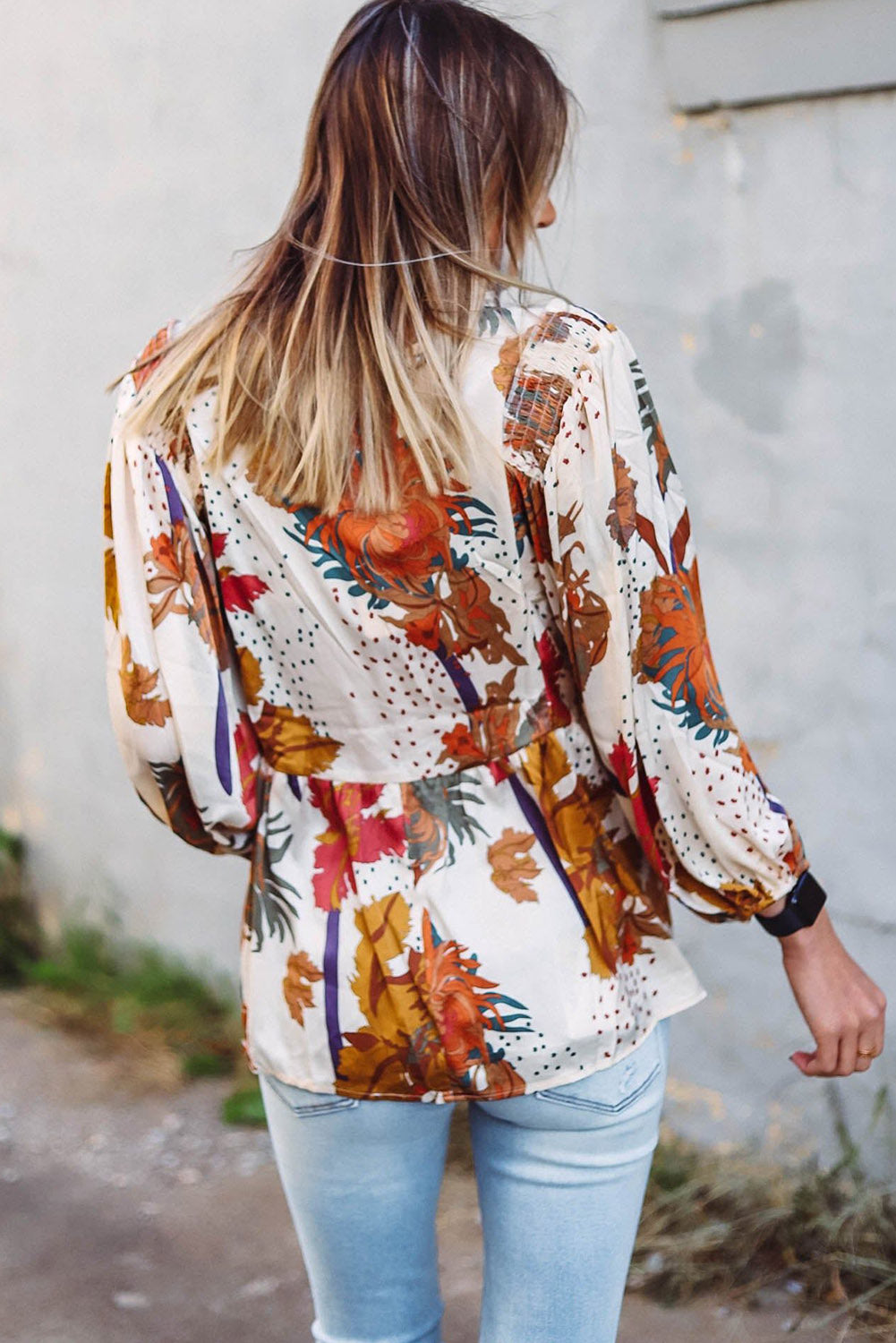 Multicolour Fall Floral Print V Neck Long Sleeve Babydoll Blouse Tops & Tees JT's Designer Fashion