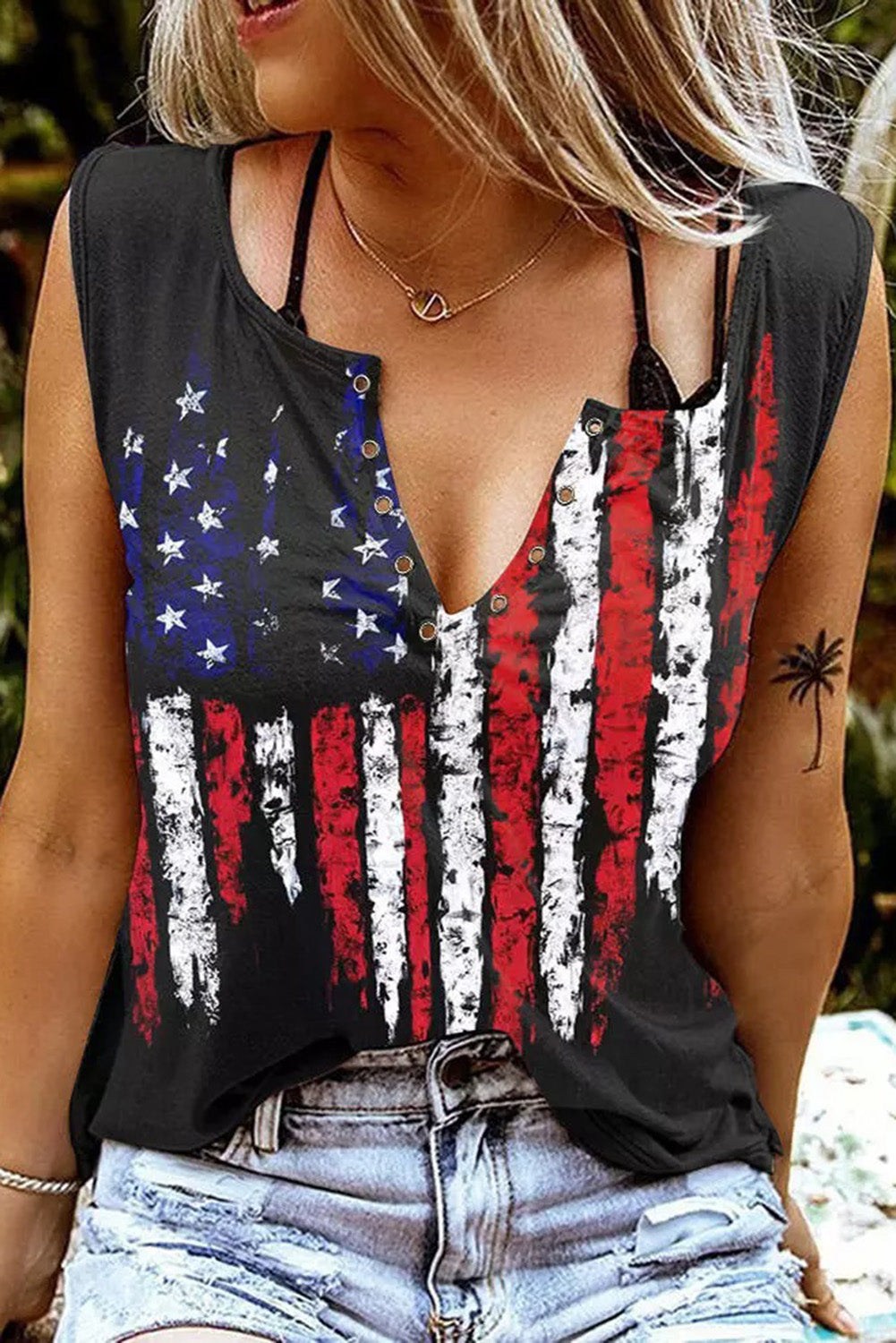 Black American Flag Printed Notched V-Neck Shift Tank Top Tops & Tees JT's Designer Fashion