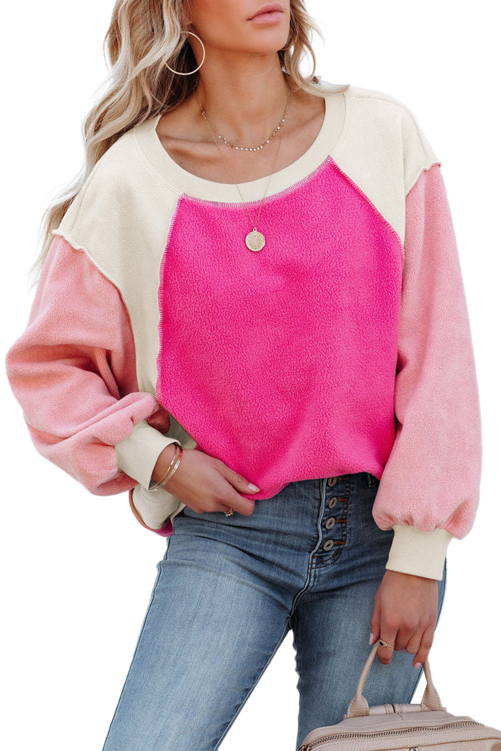 Barbie Style Rose Colorblock Long Sleeve Pullover Fleece Sweatshirt Sweatshirts & Hoodies JT's Designer Fashion