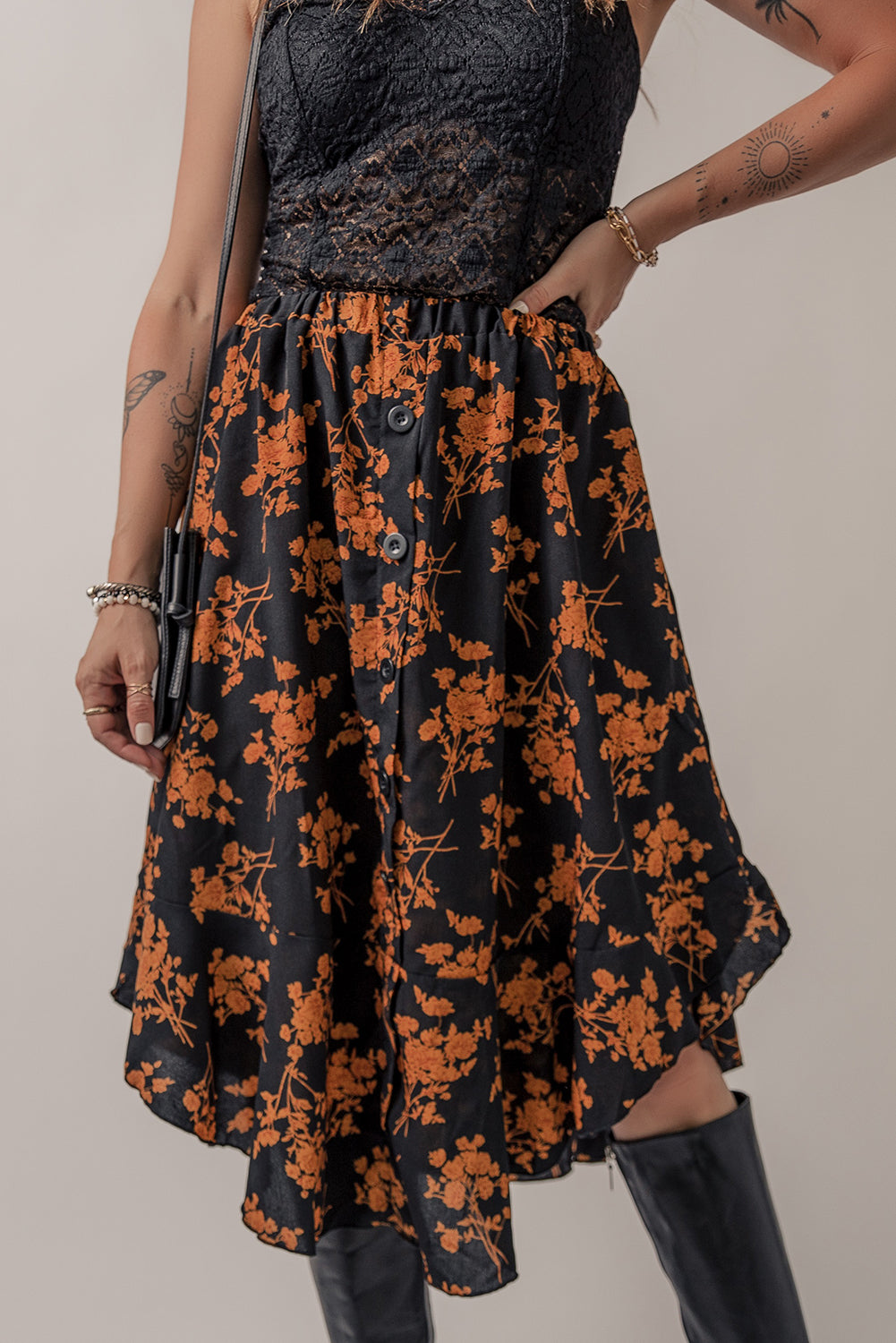 Black Printed Elastic Waist Button Decor Floral Ruffle Skirt Dresses JT's Designer Fashion