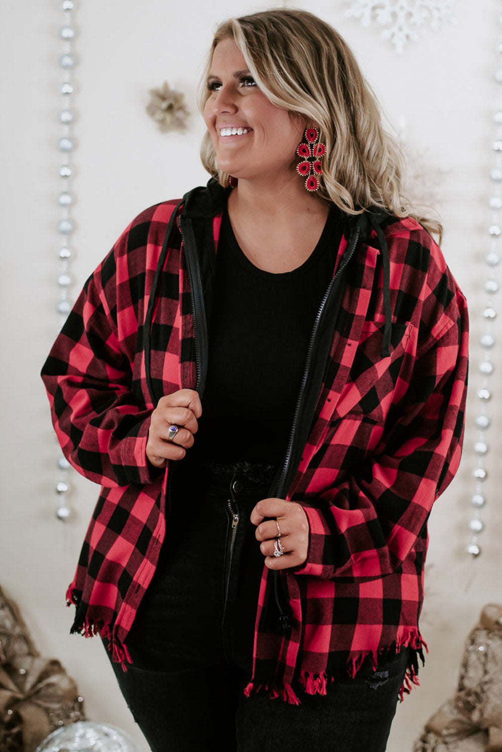 Ruby Plus Size Plaid Hooded Distressed Zip-Up Jacket Plus Size JT's Designer Fashion