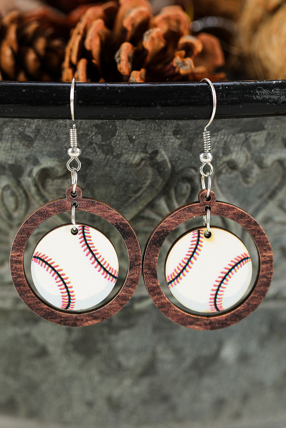 White Baseball Pattern Wood Round Drop Earrings Jewelry JT's Designer Fashion