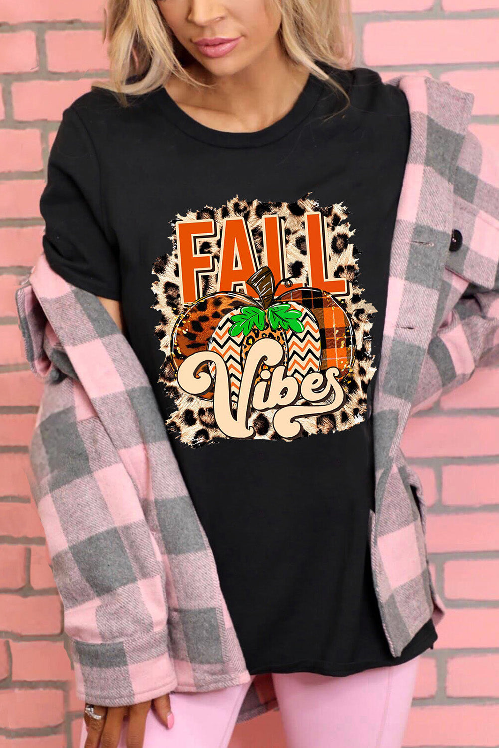 Black Leopard FALL Vibes Halloween Pumpkin Graphic Tee Black Graphic Tees JT's Designer Fashion