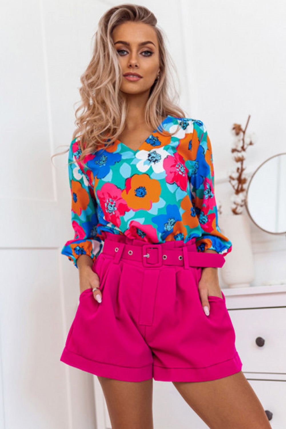 Multicolor Floral Print V Neck 3/4 Sleeve Blouse Blouses & Shirts JT's Designer Fashion