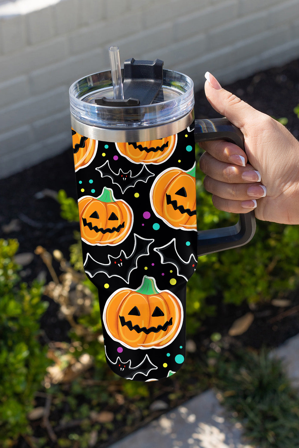 Black Halloween Pumpkin Bat Printed Tumbler with Straw Tumblers JT's Designer Fashion