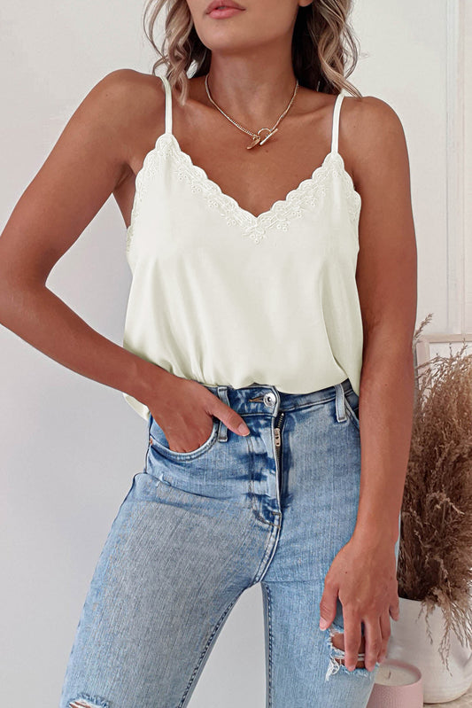 White Scalloped V Neck Embroidered Camisole Top White 90%Polyester+10%Elastane Tank Tops JT's Designer Fashion