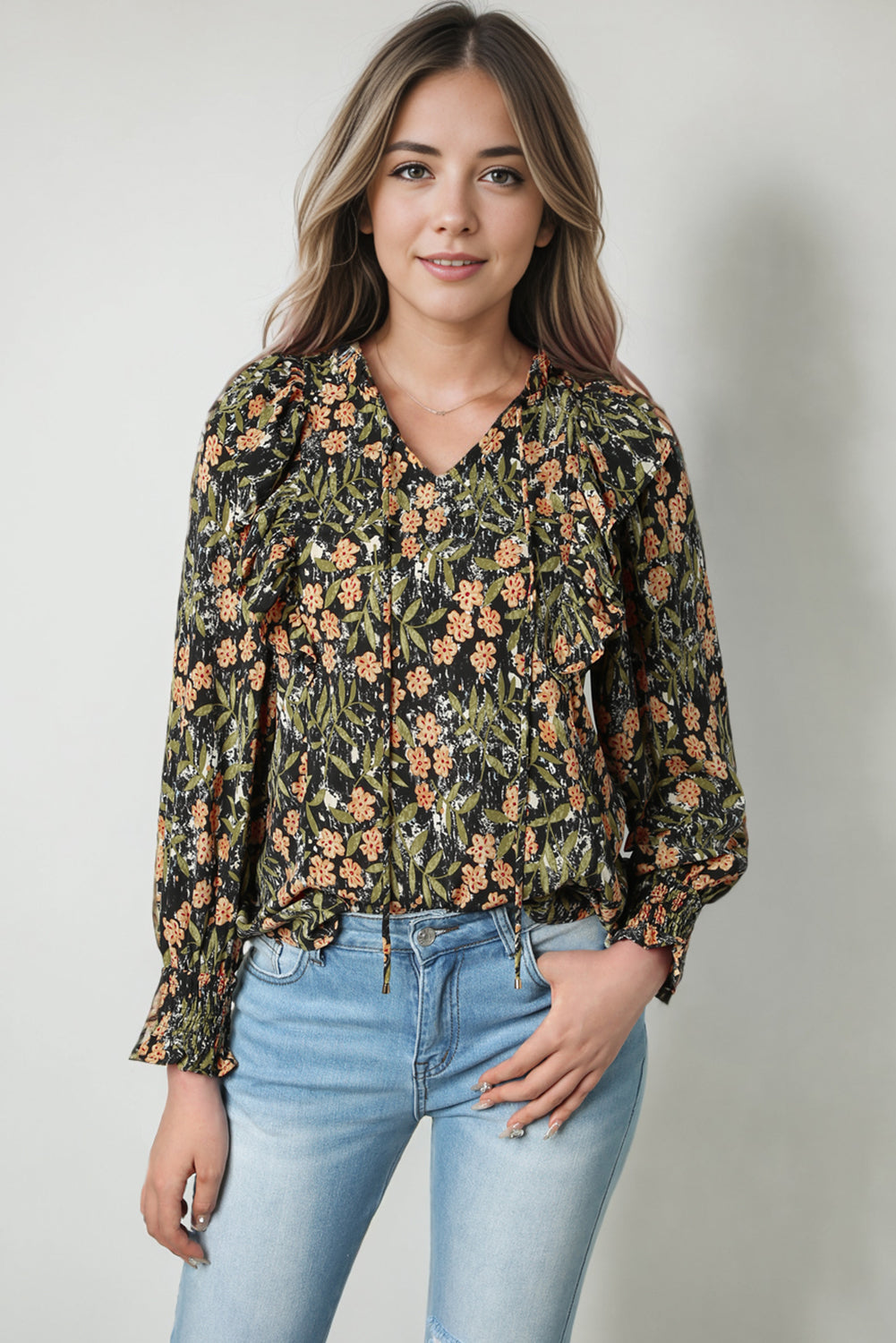 Black Plus Size Split Neck Ruffled Bubble Sleeve Floral Blouse Blouses & Shirts JT's Designer Fashion