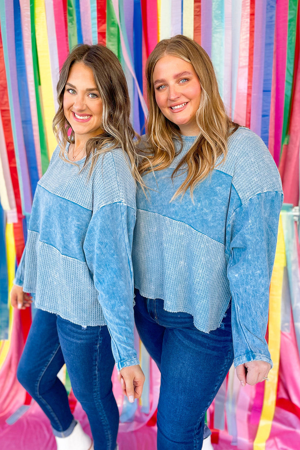 Sky Blue Plus Size Waffle Knit Patchwork Drop Shoulder Top Plus Size JT's Designer Fashion