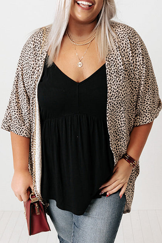 Khaki Plus Size Leopard Round Hem Short Sleeve Open Cardigan Plus Size JT's Designer Fashion