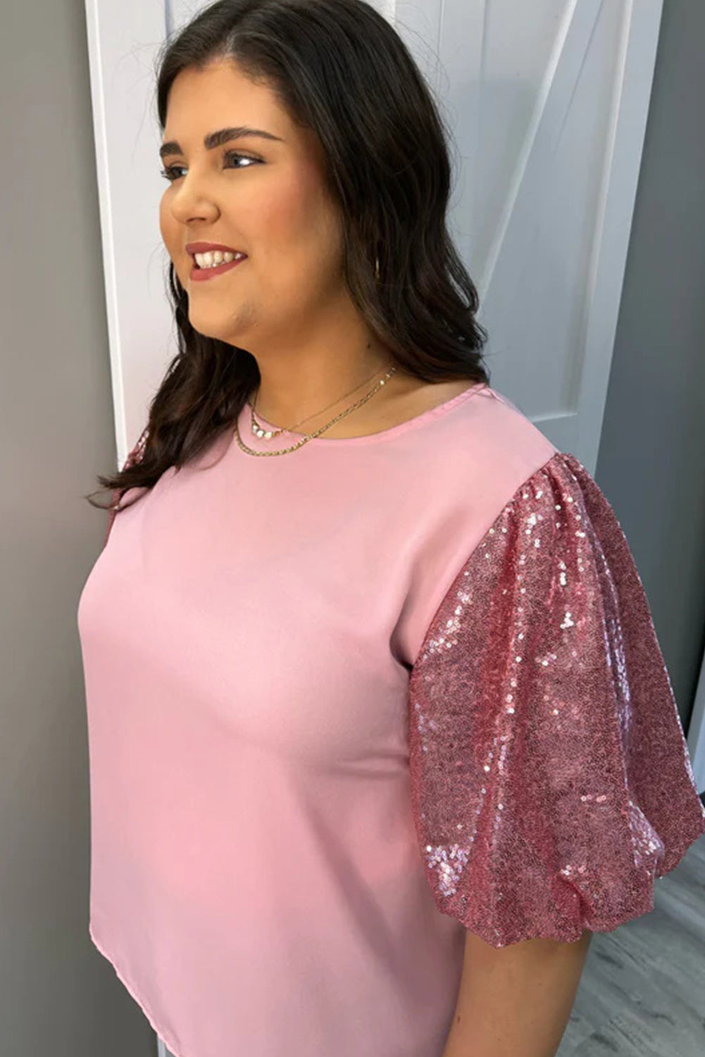 Pink Contrast Sequin Sleeve Plus Size T-shirt Plus Size JT's Designer Fashion