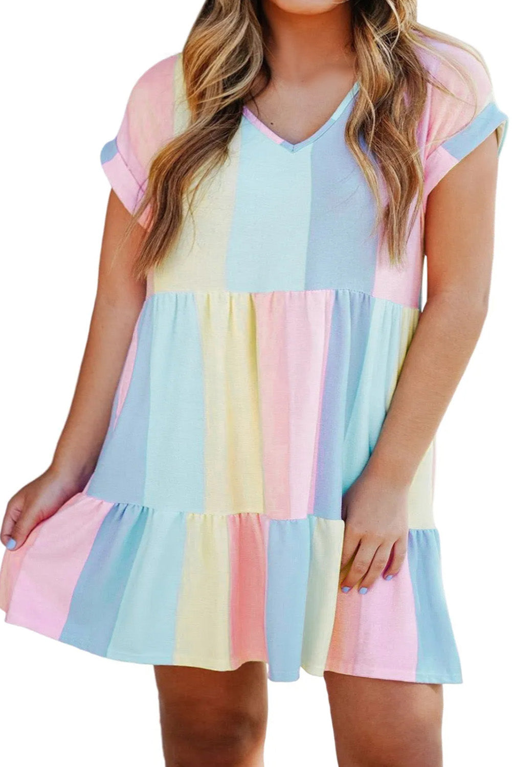 Multicolor Plus Size Color Block Tiered High Waist Mini Dress Plus Size Dresses JT's Designer Fashion