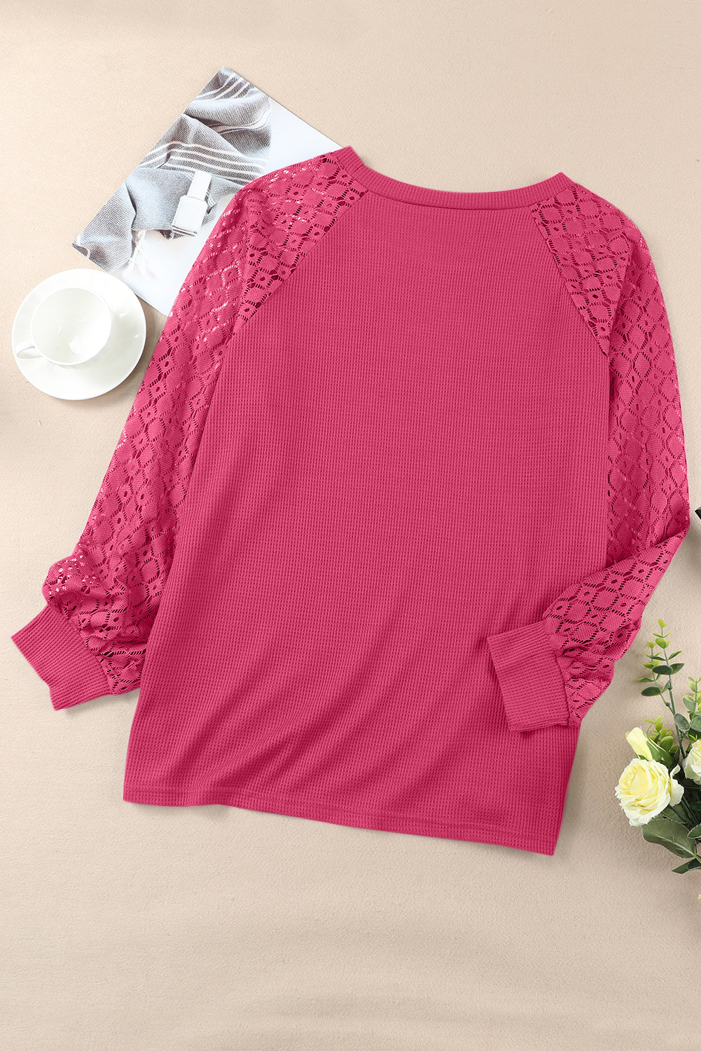 Strawberry Pink Plus Size Contrast Lace Sleeve Waffle Knit Top Plus Size JT's Designer Fashion