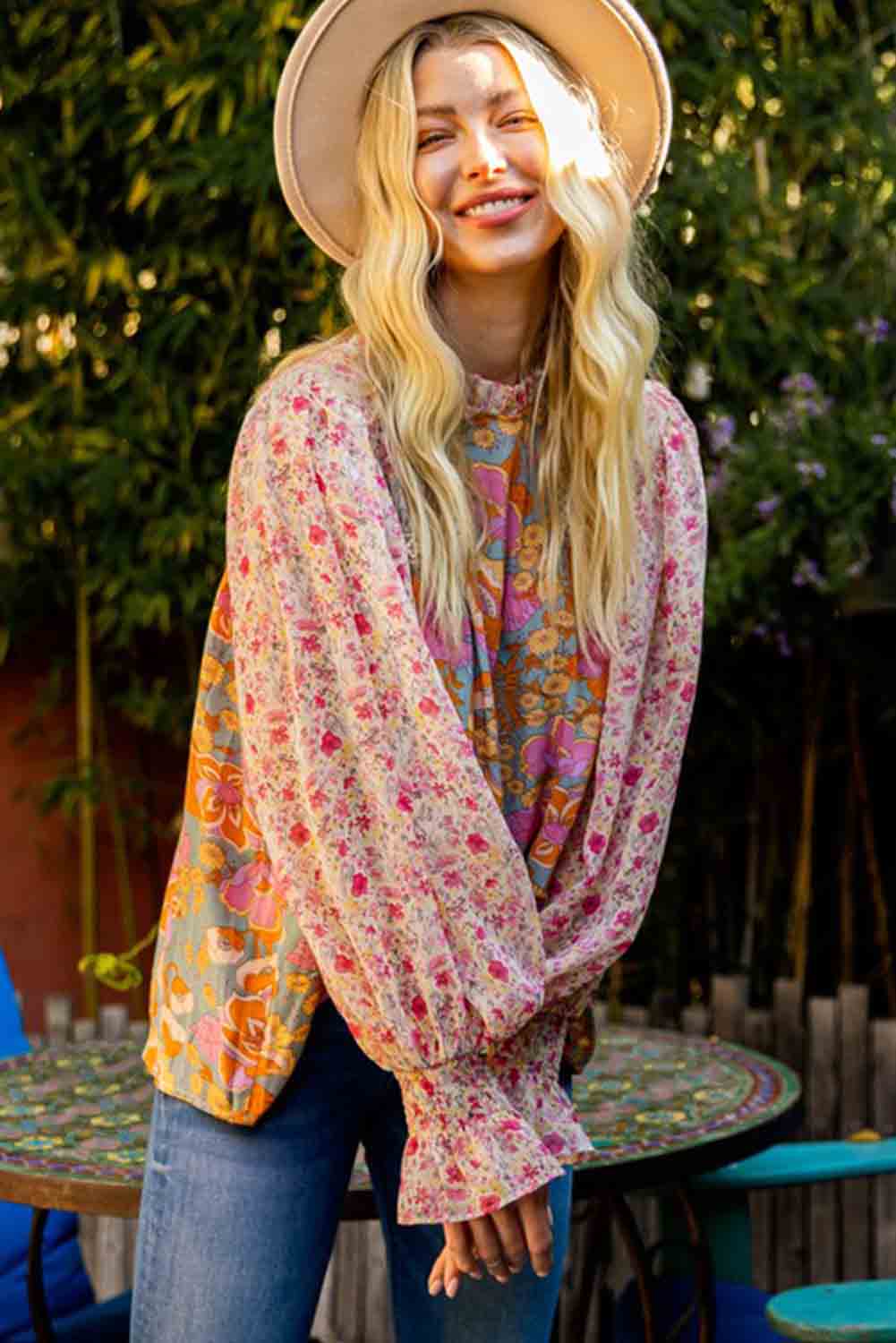 Multicolor Lace Trim Contrast Floral Long Puff Sleeve Blouse Tops & Tees JT's Designer Fashion