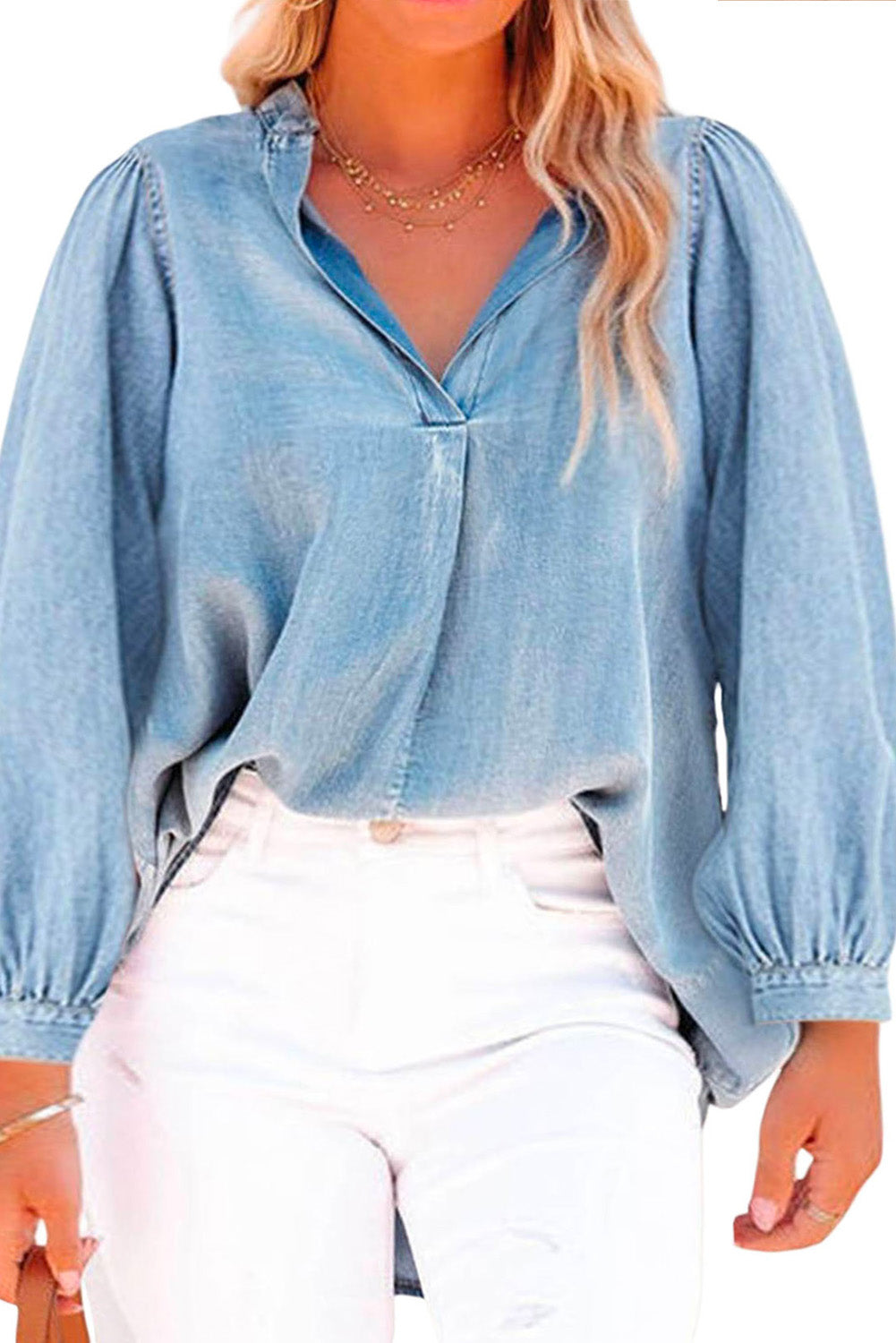 Light Blue Plus Split Neck Ruched Puff Sleeve Denim Blouse Plus Size JT's Designer Fashion