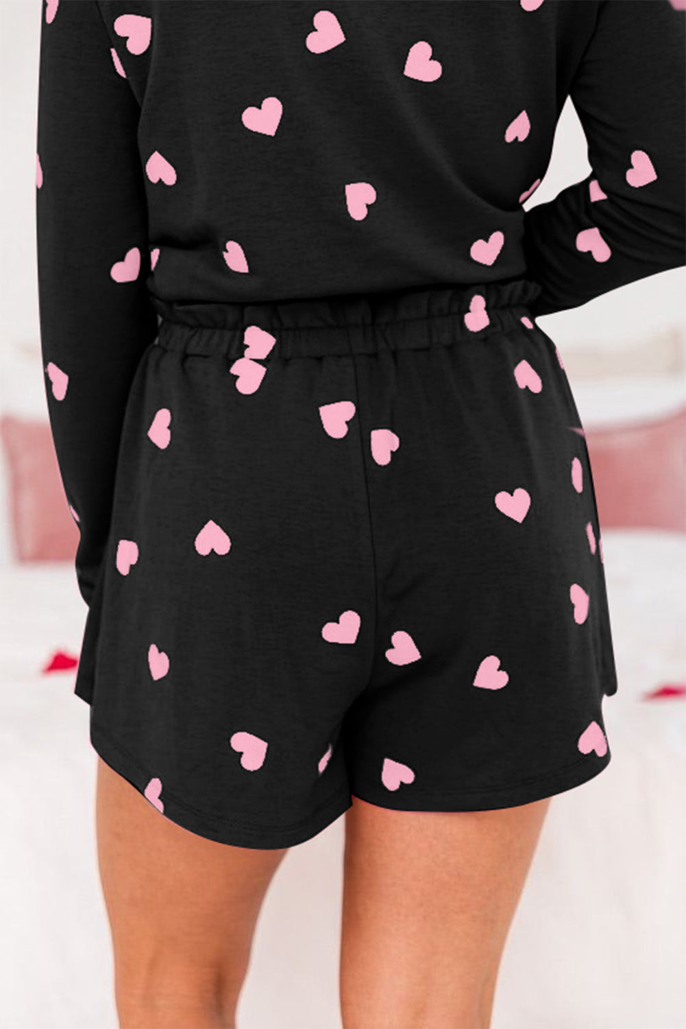 Black Valentine Heart Print 2pcs Shorts Lounge Set Loungewear JT's Designer Fashion