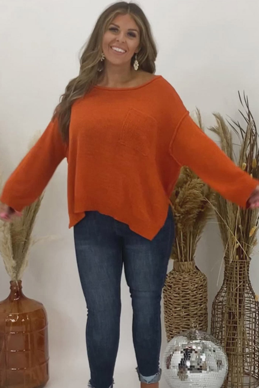 Orange Plus Size Chest Pocket Loose Split Side Sweater Plus Size JT's Designer Fashion