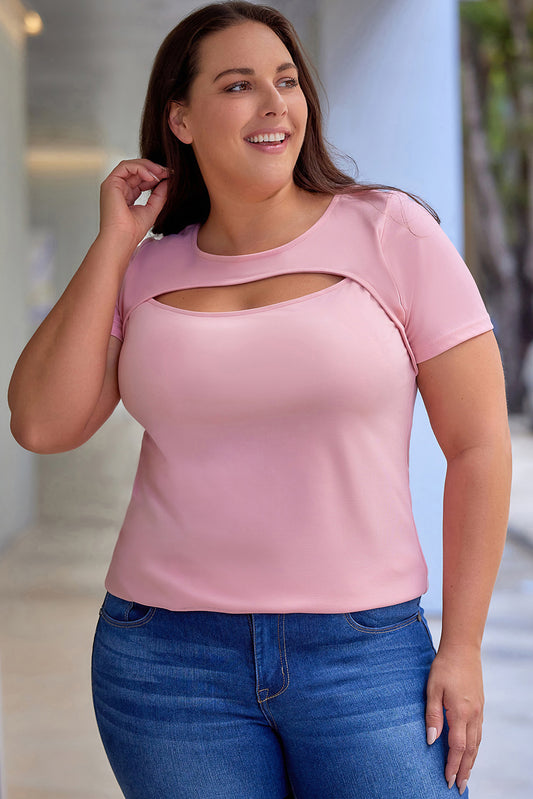 Pink Peekaboo Cutout Front Plus Size T-shirt Plus Size Tops JT's Designer Fashion