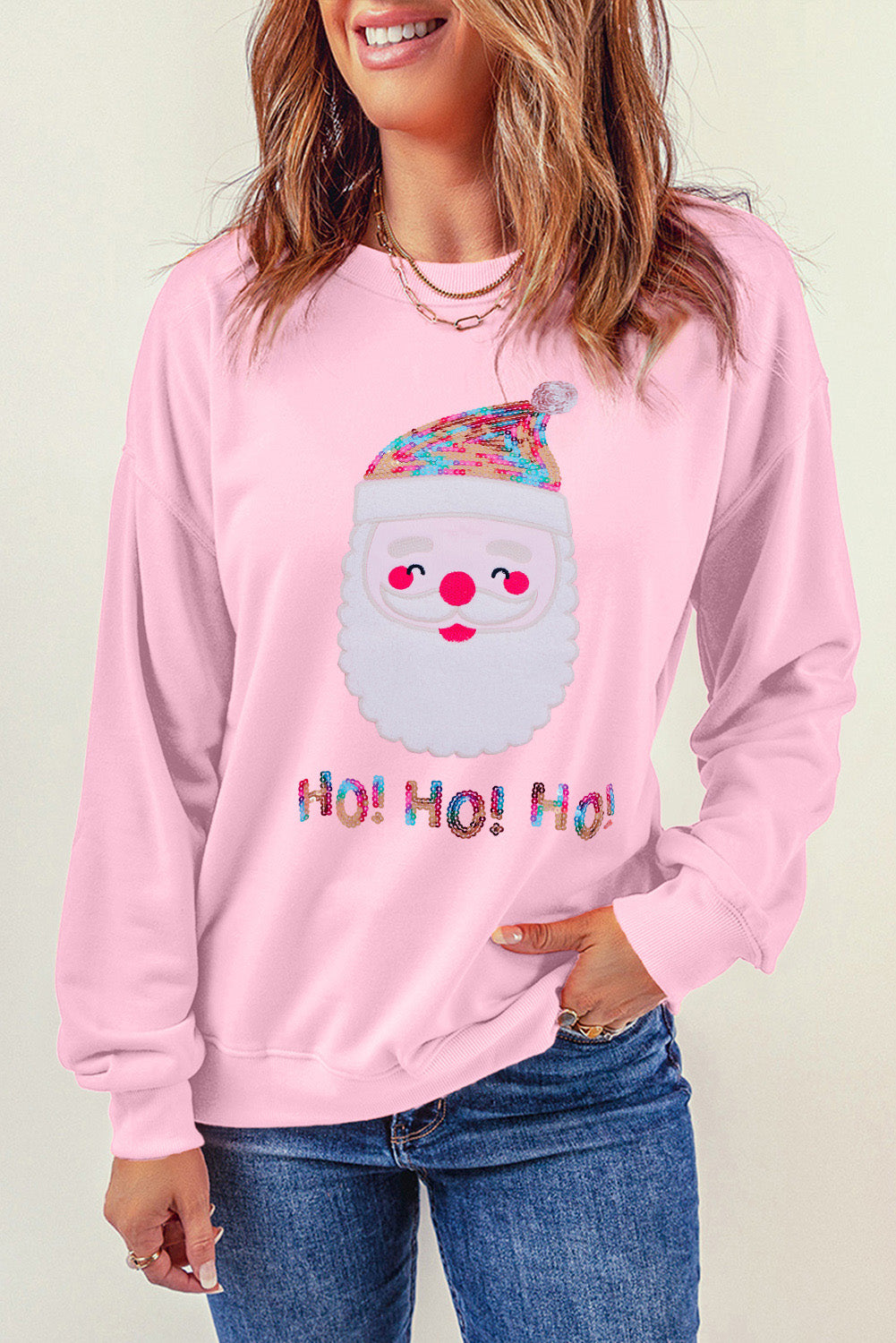 Pink HO HO HO Sequined Santa Claus Sweatshirt Graphic Sweatshirts JT's Designer Fashion