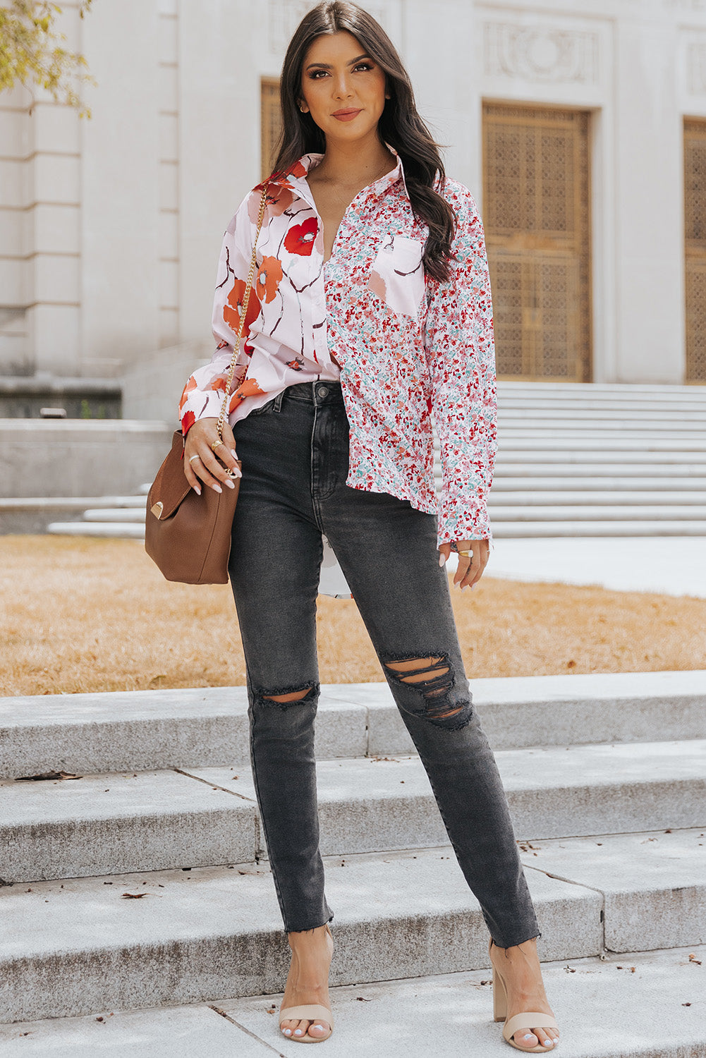 Red Floral Patchwork Buttoned Shirt with Pocket Blouses & Shirts JT's Designer Fashion