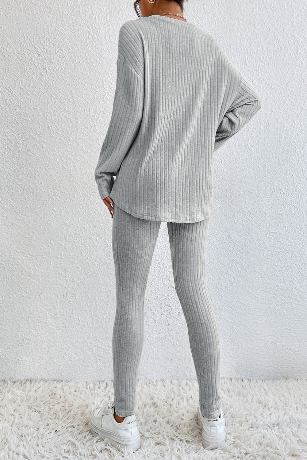 Light Grey Ribbed Knit Loose Long Sleeve Top Skinny Pants Set Bottoms JT's Designer Fashion