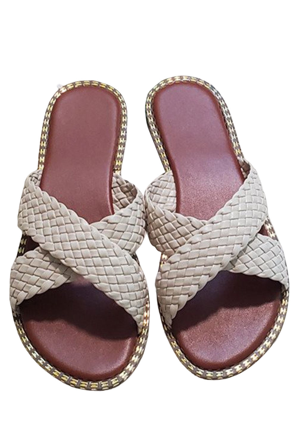 Beige Cross Straps Braised Slippers Slippers JT's Designer Fashion