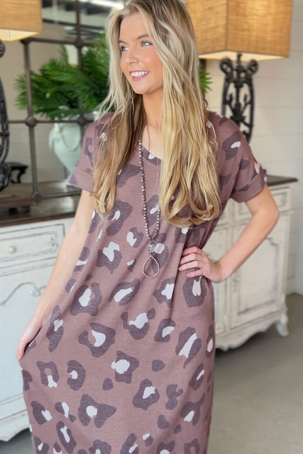 Leopard Print V Neck Long T-shirt Dress T Shirt Dresses JT's Designer Fashion