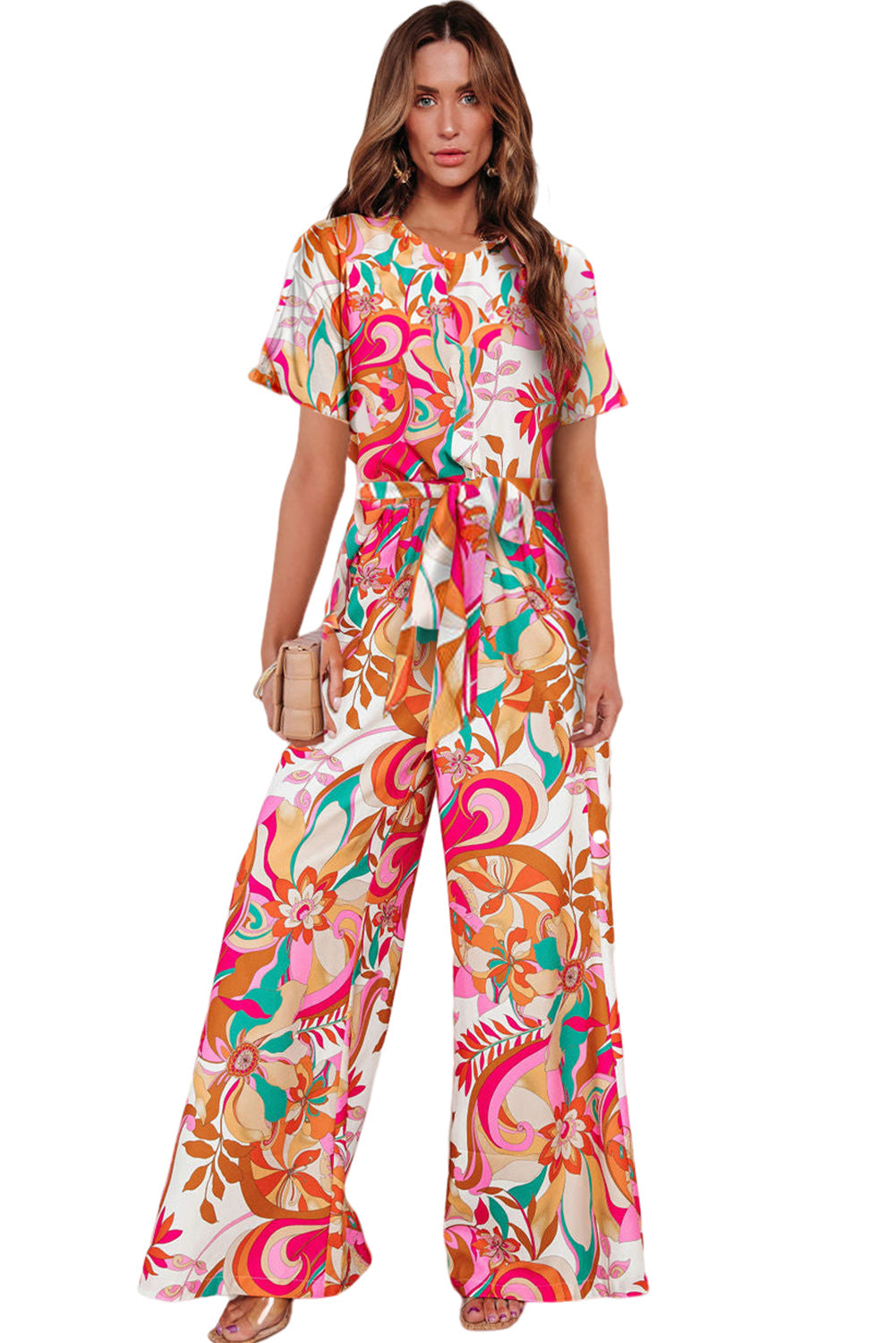 Multicolor Floral Abstract Print Belted Keyhole Back Jumpsuit Bottoms JT's Designer Fashion