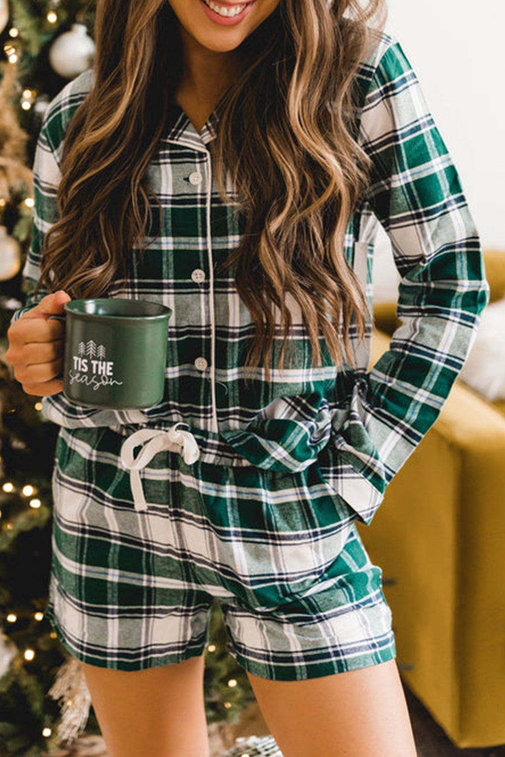 Blackish Green Plaid Long Sleeve Shirt Drawstring Shorts Pajamas Loungewear JT's Designer Fashion