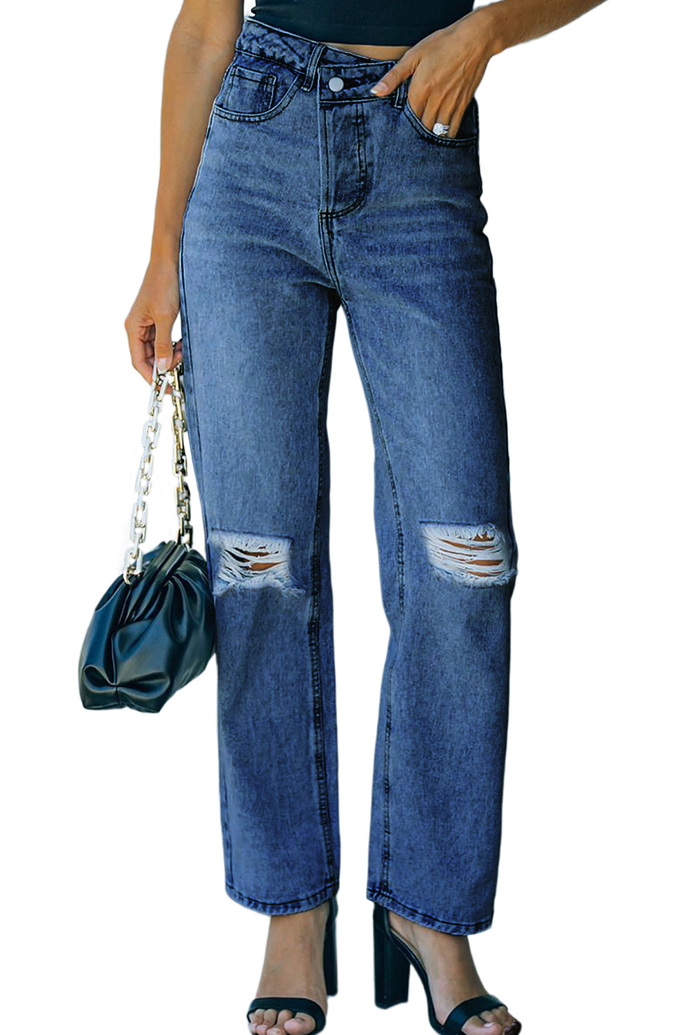 Blue High Rise Distressed Crossed Waist Jeans Jeans JT's Designer Fashion