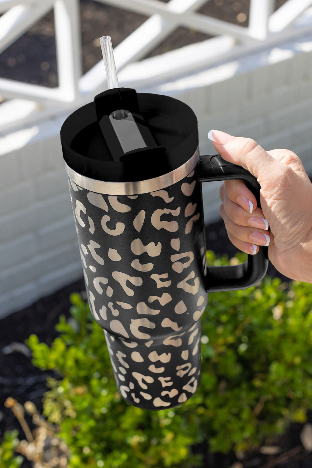 Black Leopard Print 40OZ Stainless Steel Portable Cup with Handle Tumblers JT's Designer Fashion