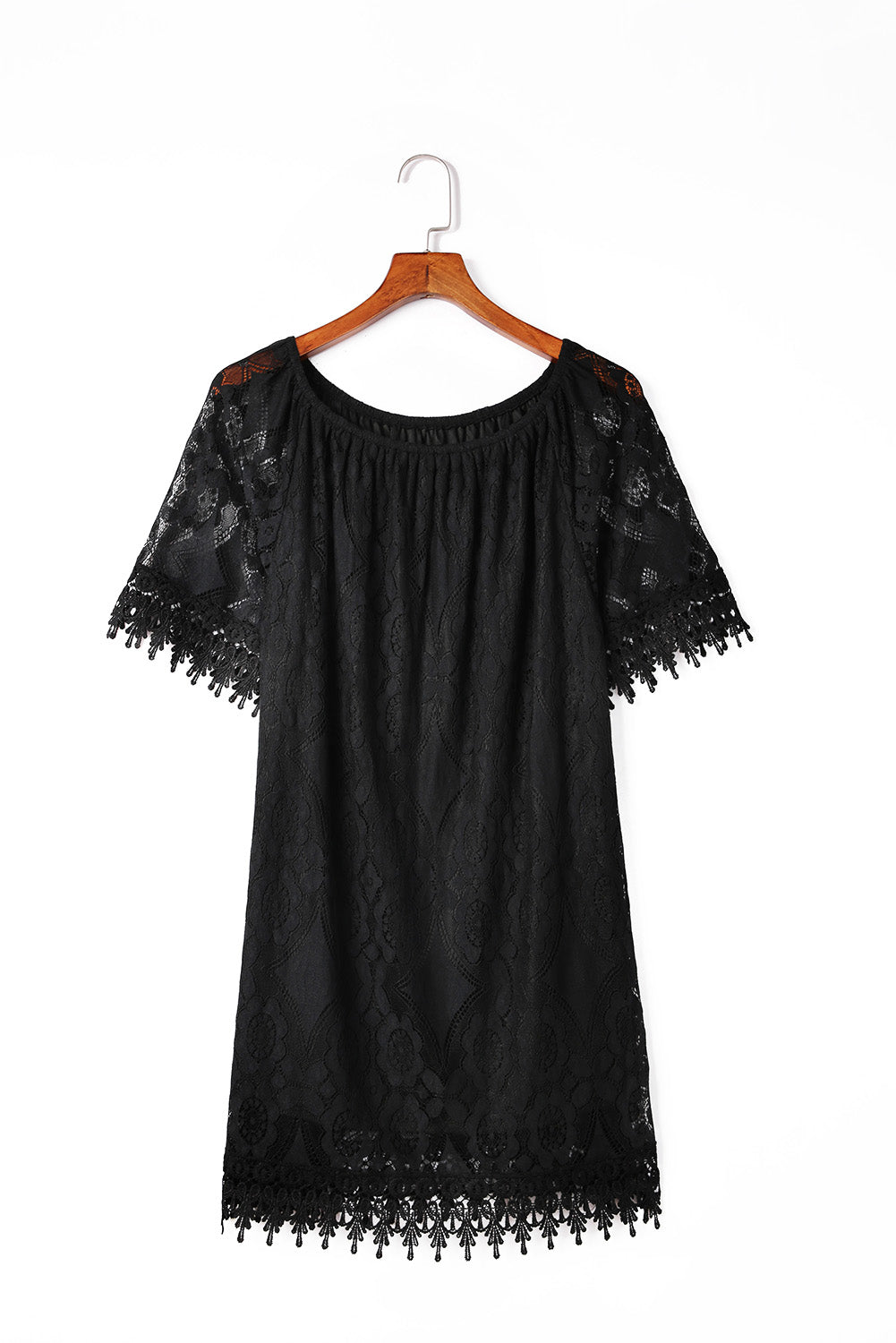 Black Round Neck Short Sleeve Loose Lace Dress Mini Dresses JT's Designer Fashion