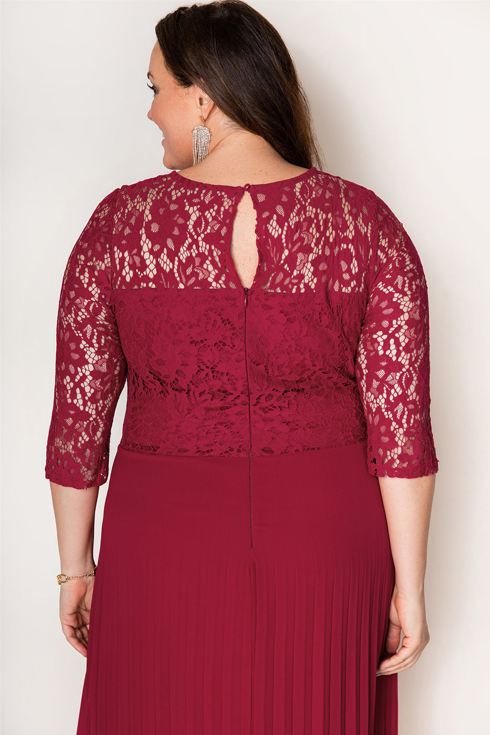 Red Lace Scalloped V Neck 3/4 Sleeves Pleated Tulle Plus Maxi Dress Plus Size Dresses JT's Designer Fashion