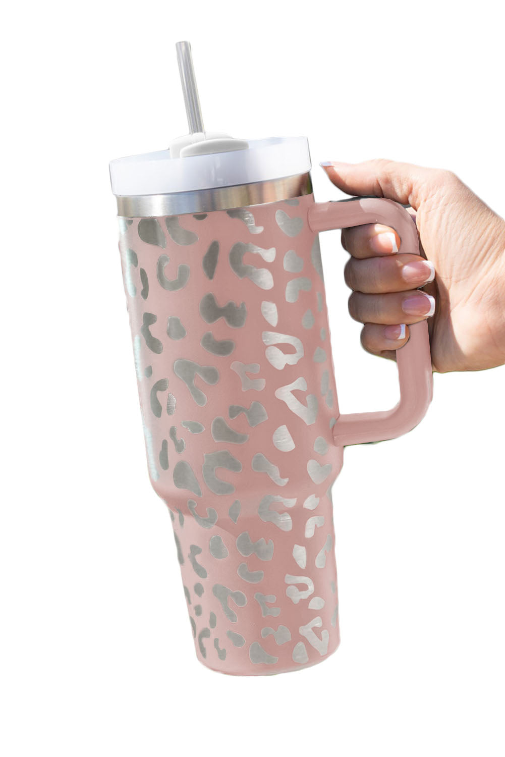 Pink Leopard Print 40OZ Stainless Steel Portable Cup with Handle Tumblers JT's Designer Fashion