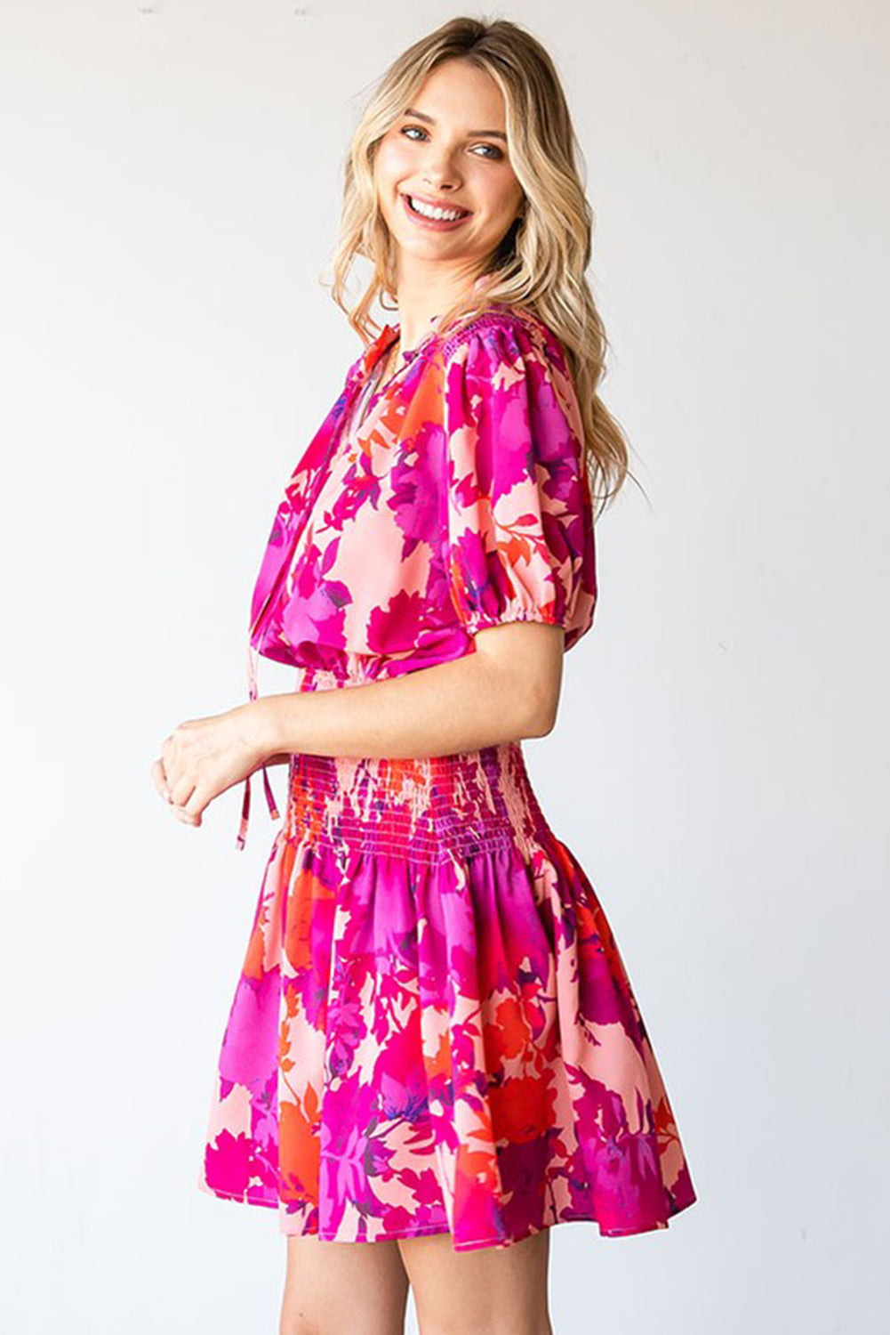 Rose Floral Smocked Waist Bubble Sleeve Flare Dress Mini Dresses JT's Designer Fashion