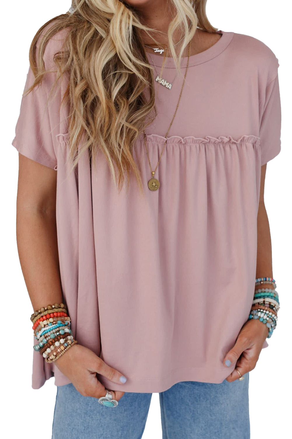 Light Pink Solid Color Ruffled Trim Loose Babydoll Blouse Tops & Tees JT's Designer Fashion